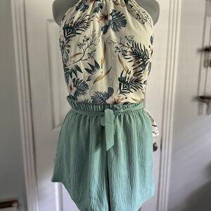 Light Green High Waist Shorts/Botanical Tank Top Set